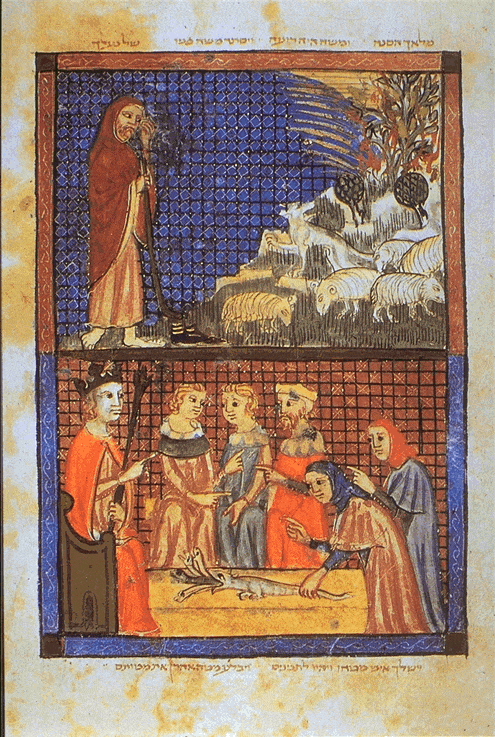 Illumination from the Sarajevo Haggadah with the story of the Exodus from Egypt